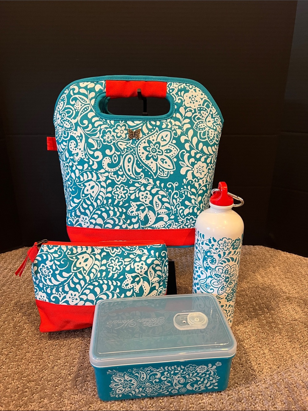 The Pioneer Woman Teal Floral Lunch Set with Red Accents